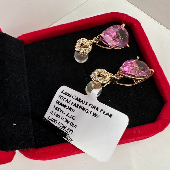 SOLD NEW 6.60 CARATS PINK PEAR TOPAZ EARRINGS  Natural Diamonds Real 18K Yellow - Picture 2 of 3